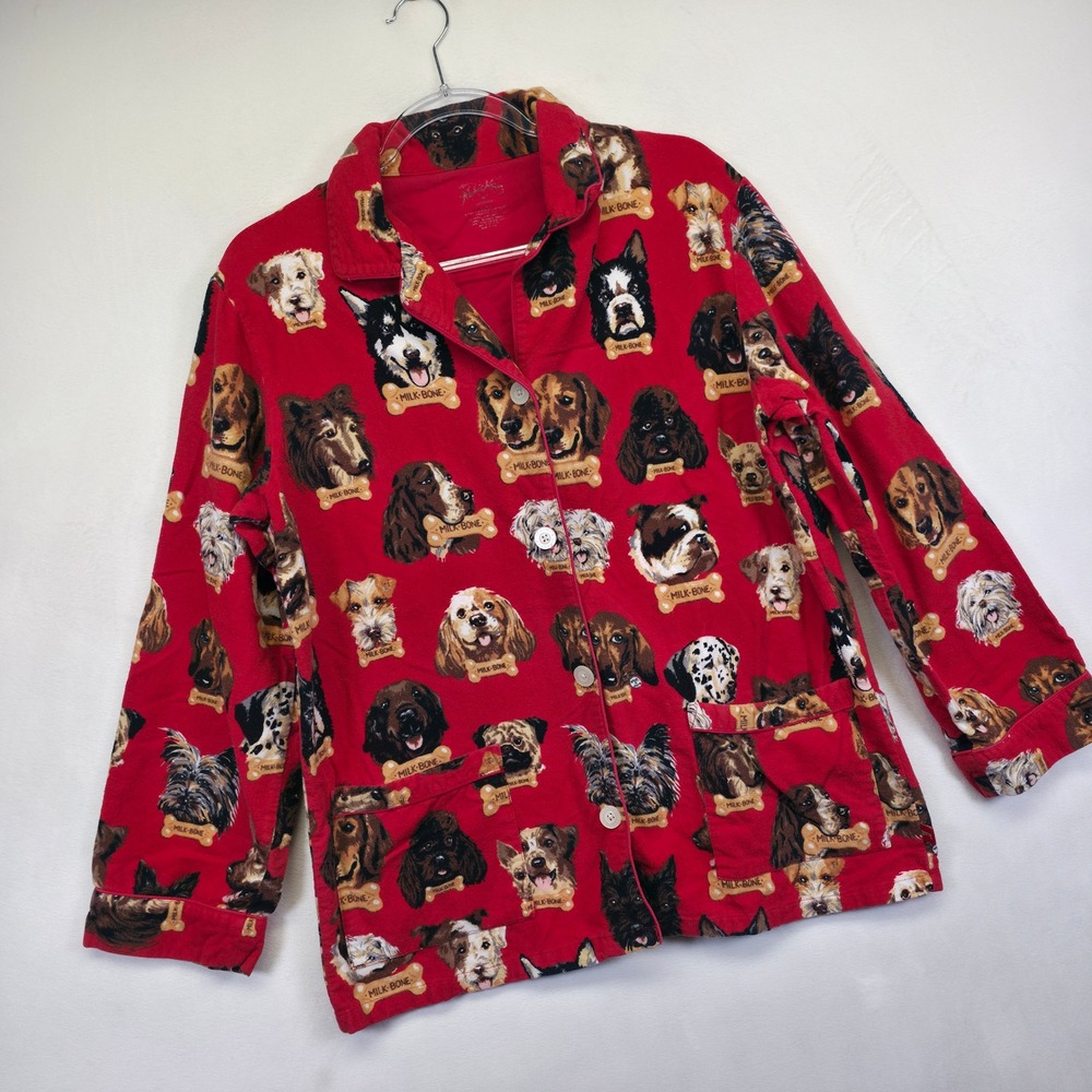 Nick and Nora Pajama Top‎ Womens M Red Dog Milkbone Flannel Holiday Sleep Shirt